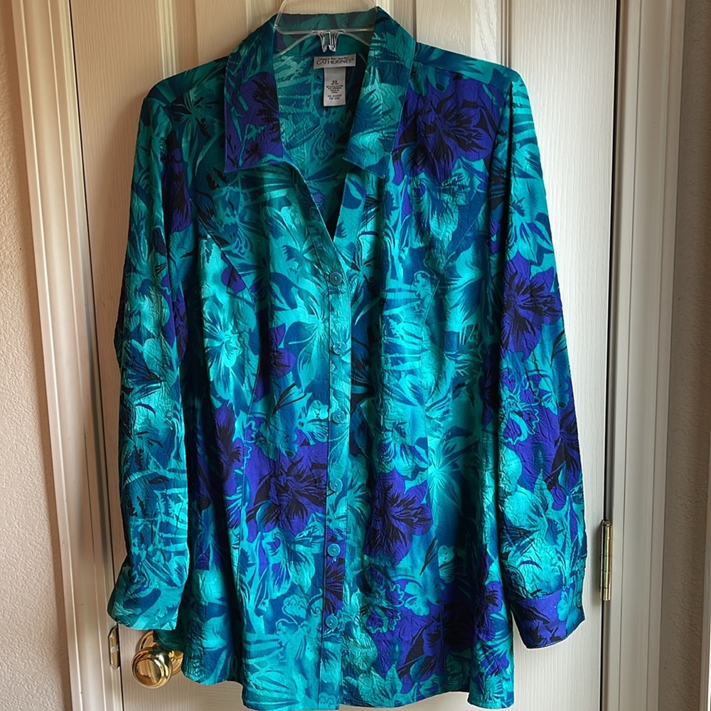 NWOT CATHERINES BEAUTIFUL BLUE & AQUA TROPICAL PRINT BUTTON FRONT BLOUSE SZ 0X